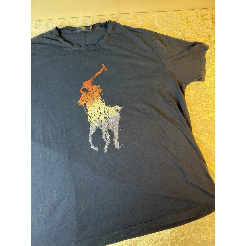 Polo Ralph Lauren Big Pony T Shirt Mens 2XB Navy Distressed Graphic Tee